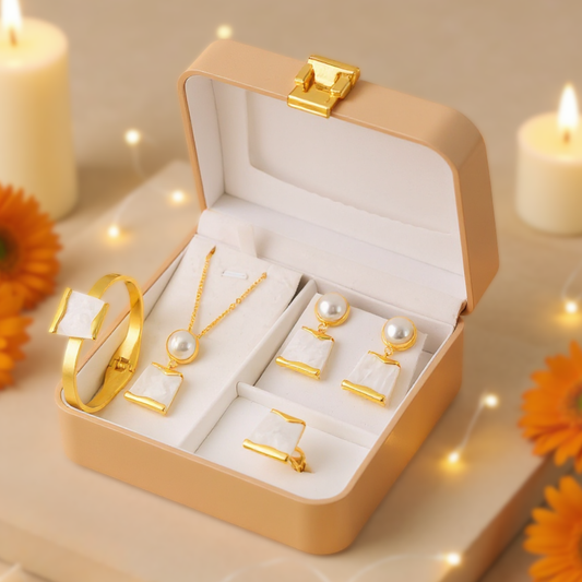 Gold Plated Mother of Pearl Jewelry Set for Women | Beautiful Gift Combo Featuring Necklace, Earrings, Bracelet and Ring