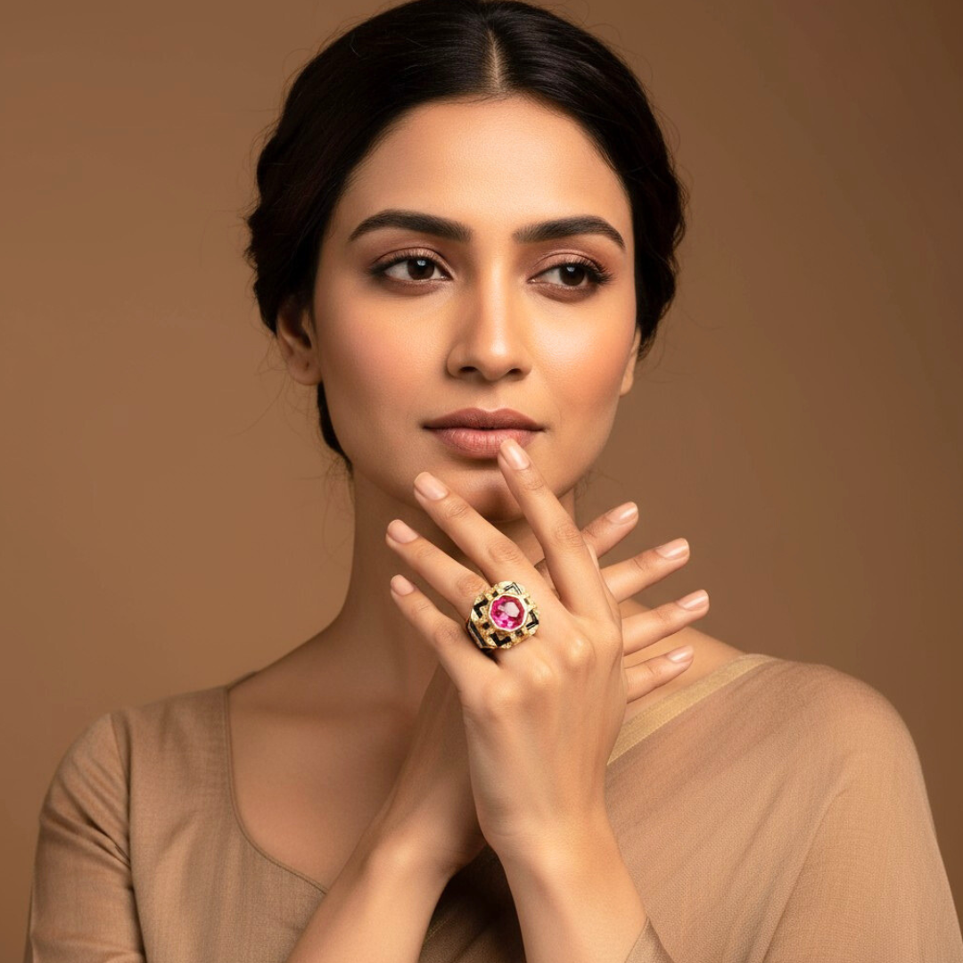 Gold Finish Ruby Red Stone Ring for Women with Black Enamel Geometric Design and Diamond Look Detailing | Statement Cocktail and Wedding Jewelry