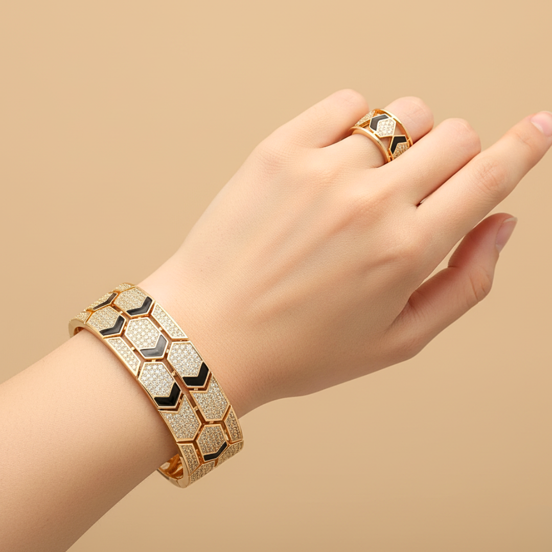 Chevron Chic Bracelet & Ring Set – Gold-Tone Geometric Jewellery with Black Enamel & Pavé CZ Accents | Modern Statement Bracelet & Matching Ring for Contemporary Style
