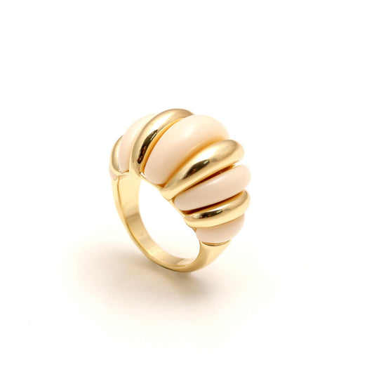 Vintage-Style Dome Ring with Glossy Nude Enamel Panels and Polished Gold Frame | Statement Accessory