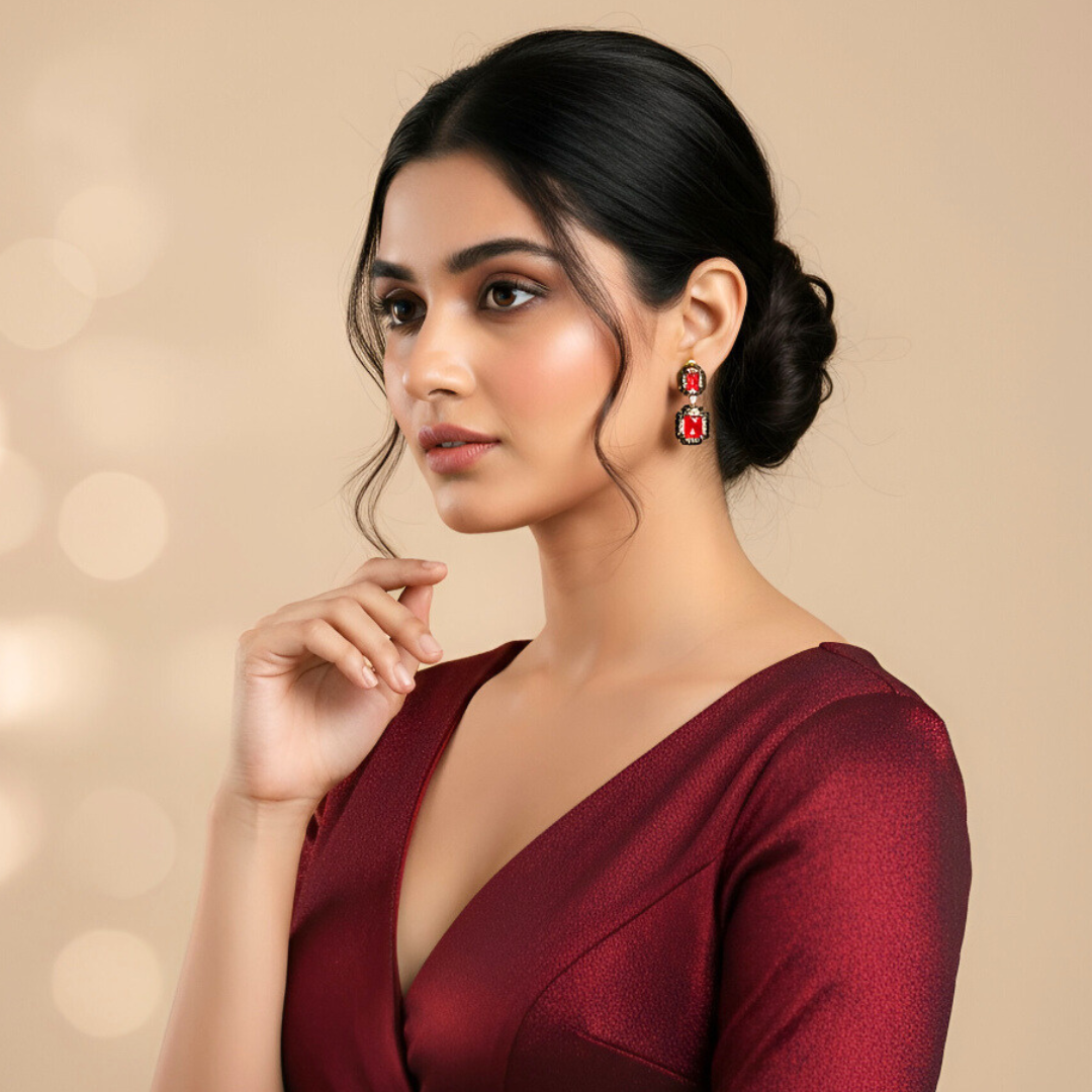Opulent Ruby Red Drop Earrings with Black Enamel Detailing and Diamond Accents – Statement Gold Jewelry for Weddings, Parties, and Festive Glamour