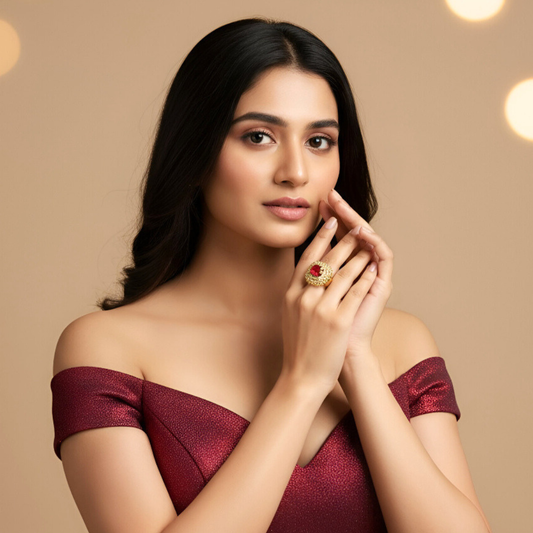 Red Stone Beaded Border Ring for Women in Gold Finish | Stylish Statement Fashion Jewelry for Party, Wedding, Daily Wear