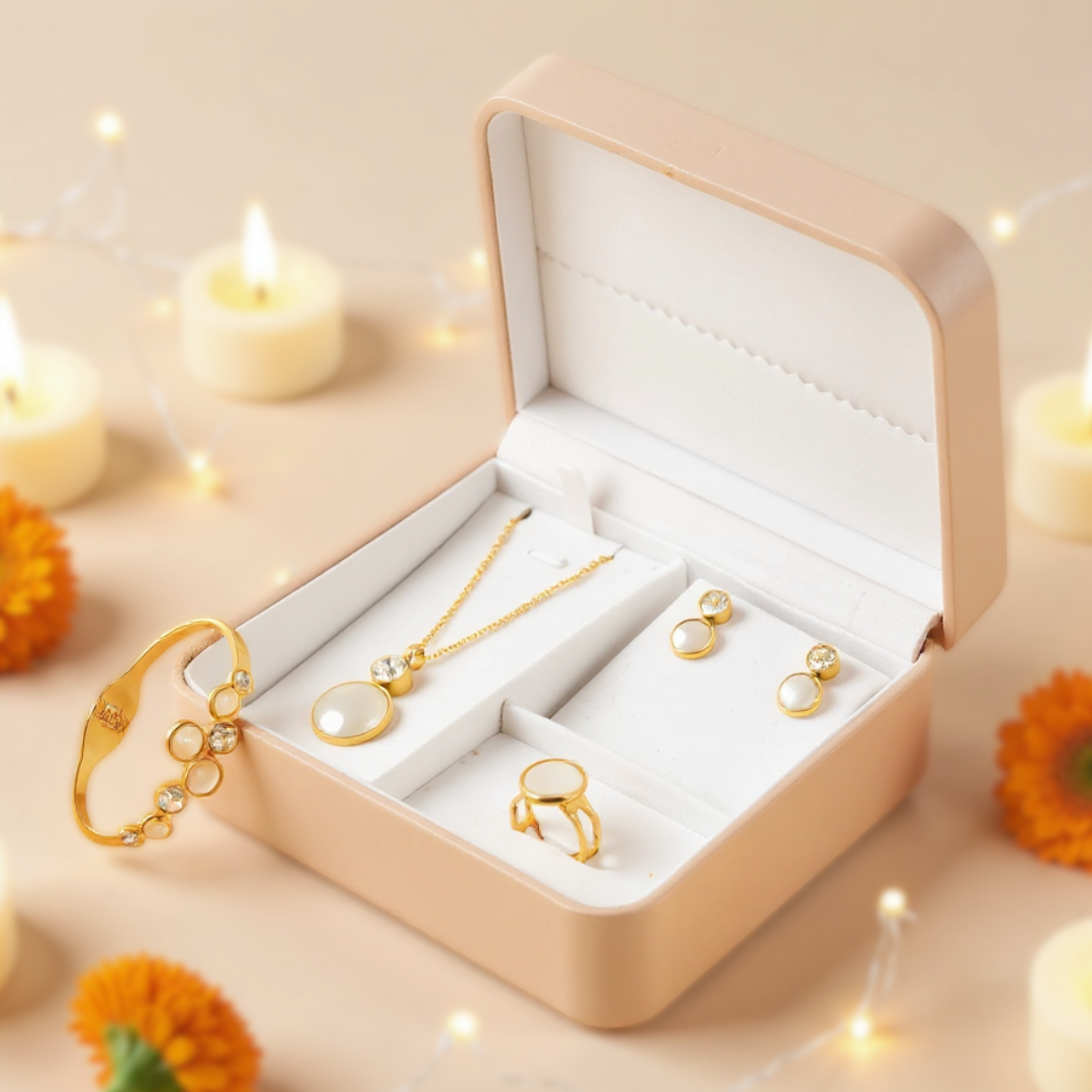Gold Plated White Stone Jewelry Gift Set for Women | Complete Combo with Necklace, Earrings, Ring and Bracelet – Perfect for Gifts and Celebration Wear