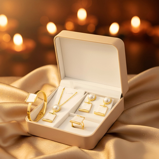 Gold Plated Mother of Pearl Jewelry Set for Women | Beautiful Gift Combo Featuring Necklace, Earrings, Bracelet and Ring