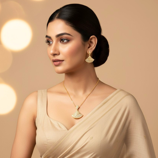 Gold Plated Fan Shaped Pendant Necklace and Earrings Set | Sparkling Stone Studded Party Wear Jewelry for Women