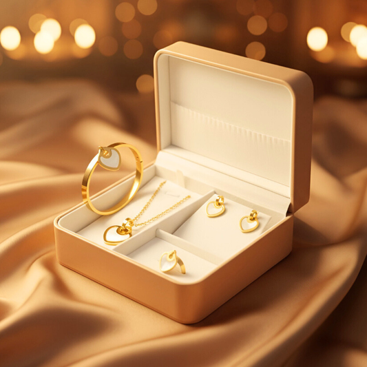 Gold Plated Heart Jewelry Set with Mother of Pearl | Elegant Necklace, Earrings, Bracelet and Ring – Beautiful Gift Hamper