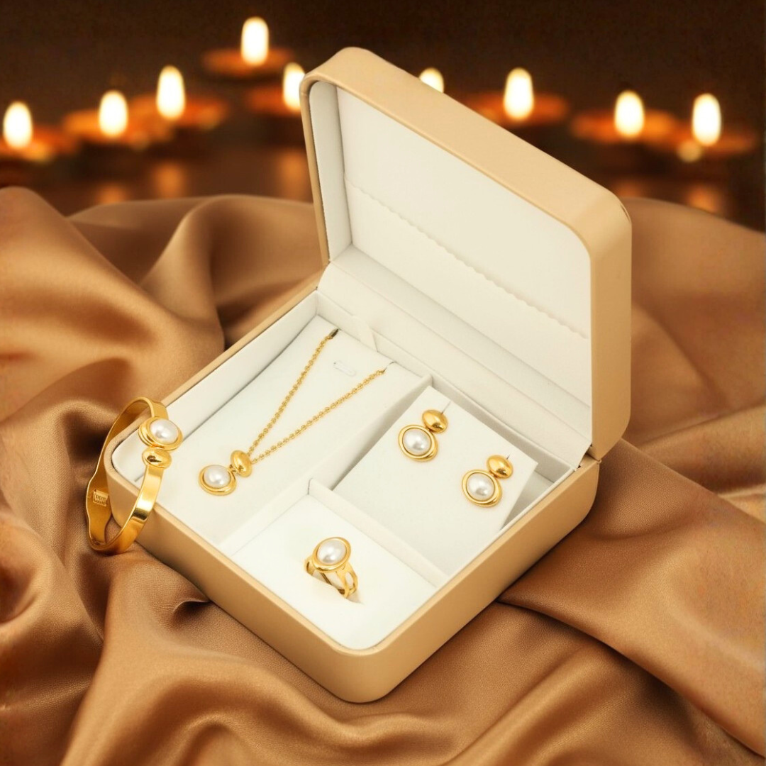 Gold Plated White Stone Jewelry Gift Set for Women | Complete Combo with Necklace, Earrings, Ring and Bracelet – Perfect for Gifts and Celebration Wear