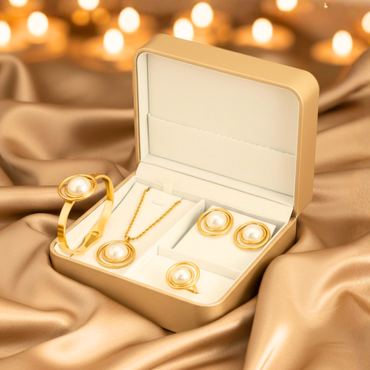 Gold Plated Pearl Jewelry Set | Exclusive Gift Box for Girls and Women – Beautiful Hamper with Necklace, Earrings, Bracelet and Ring