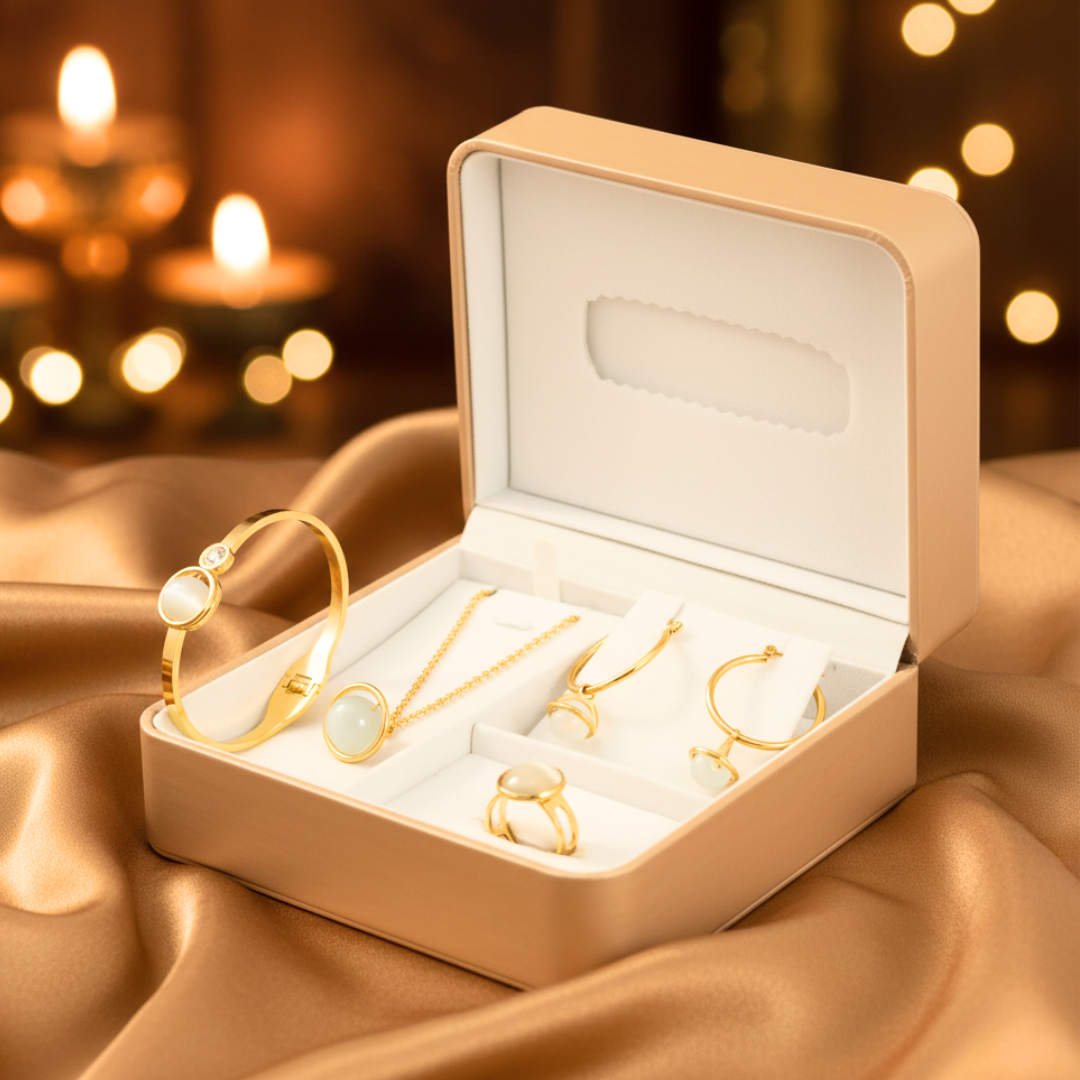 Gold Plated Pastel Gemstone Jewelry Set | Premium Gift Box and Jewelry Hamper for Girls – Perfect for Party and Celebration Looks
