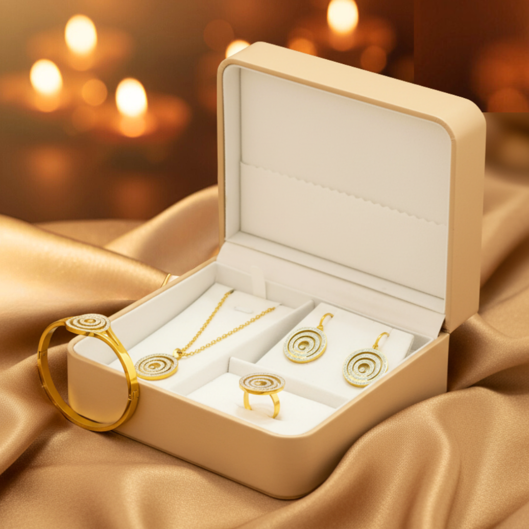 Gold Plated Spiral Circle Jewelry Set | Gift Hamper for Girls – Elegant Jewelry Box with Necklace, Earrings, Ring and Bracelet for Women