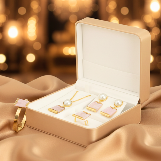 Gold Plated Pink Stone and Pearl Jewelry Set for Women | Luxury Gift Box for Girls – Complete Hamper with Necklace, Earrings, Bracelet and Ring