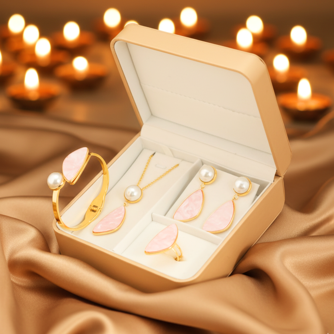 Pink Stone & Pearl Jewelry Set | Jewelry Gift Box for Girls with Necklace, Earrings, Bracelet and Ring