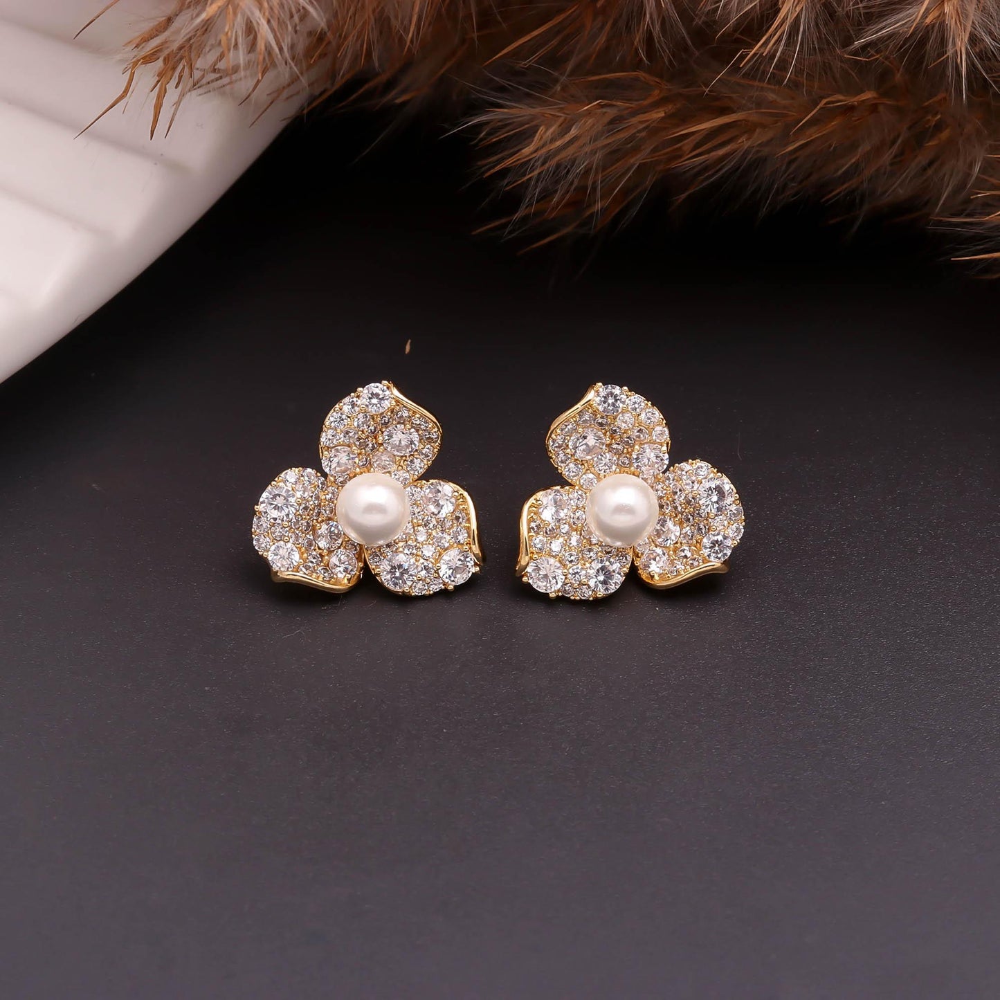 Pavé Floral Pearl Studs
