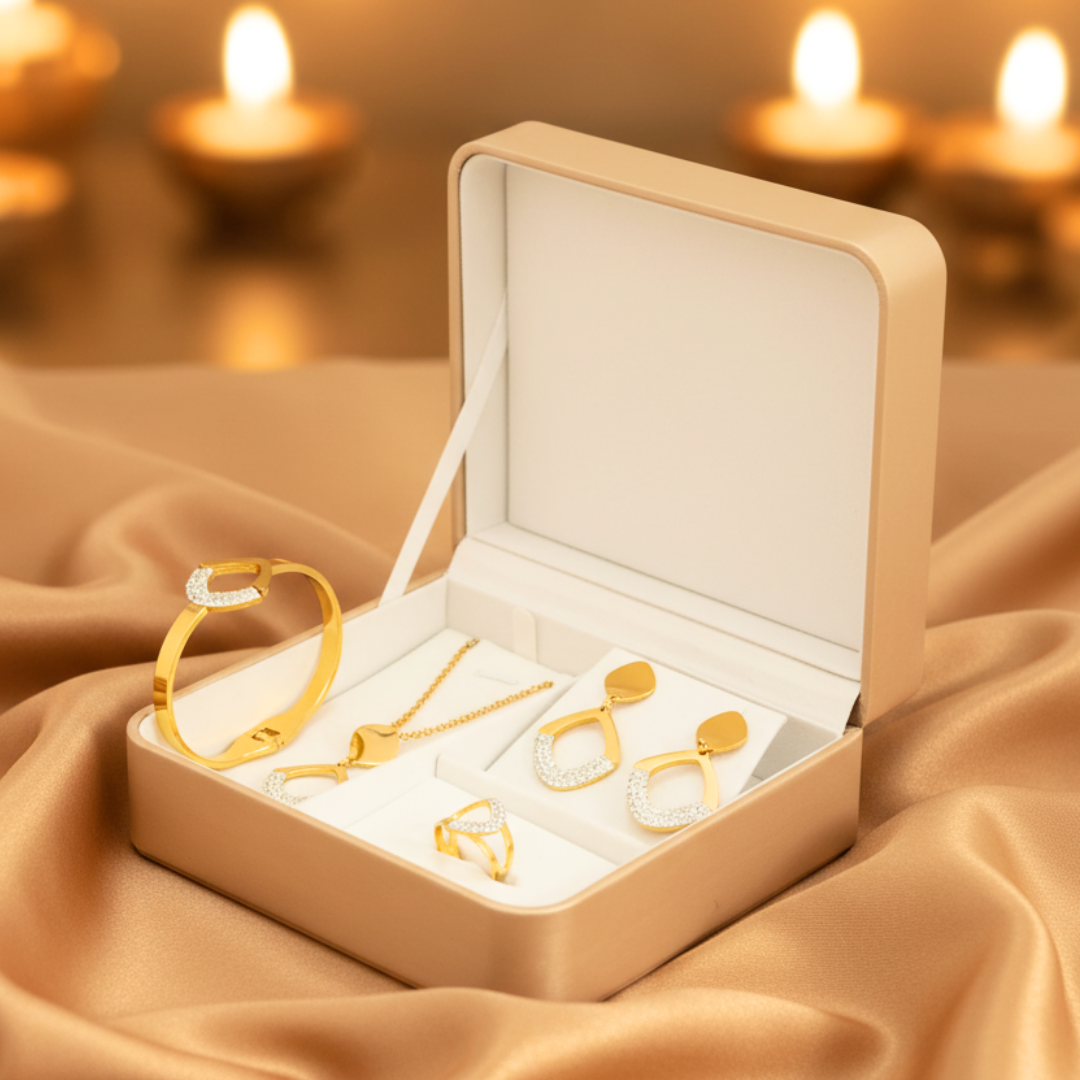 Gold Plated Jewelry Set | Complete Jewelry Combo with Necklace, Earrings, Bracelet and Ring – Gift Box and Traditional Wear