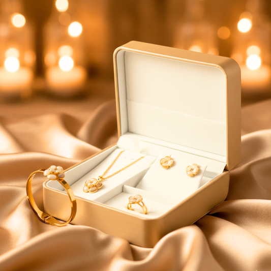 Gold Plated Floral Jewelry Set with Bracelet, Necklace, Earrings and Ring | Beautiful Gift Box for Girls Featuring Necklace, Earrings, Bracelet and Ring – Perfect Hamper for Women’s Gifting