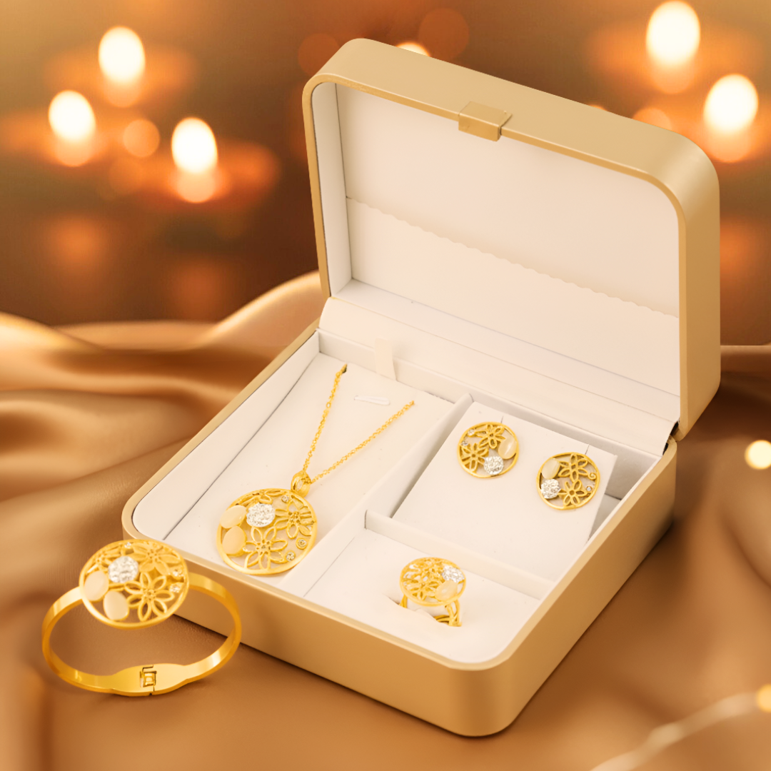 Gold Plated Floral Cut Jewelry Set with Necklace, Earrings, Bracelet & Ring | Gift Box and Jewelry Hamper for Girls – Ideal Gift for Wife, Sister or Daughter