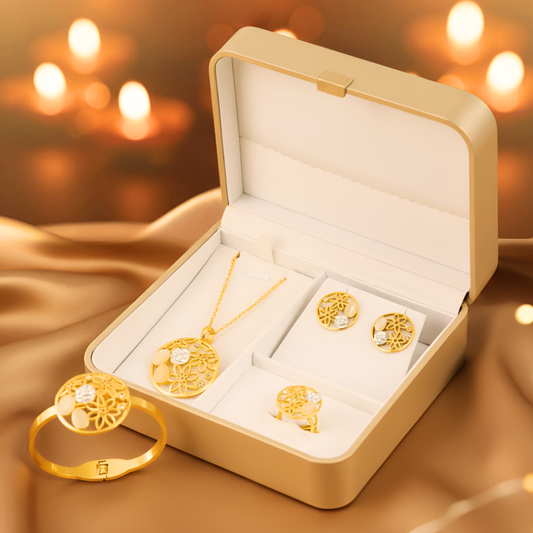 Gold Plated Floral Cut Jewelry Set with Necklace, Earrings, Bracelet & Ring | Gift Box and Jewelry Hamper for Girls – Ideal Gift for Wife, Sister or Daughter