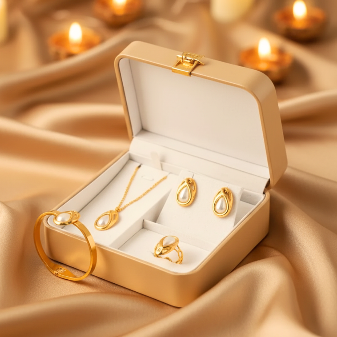 Gold Plated Pearl Drop Jewelry Set for Women | Stylish Gift Box for Girls – Complete Jewelry Hamper with Necklace, Earrings, Bracelet and Ring