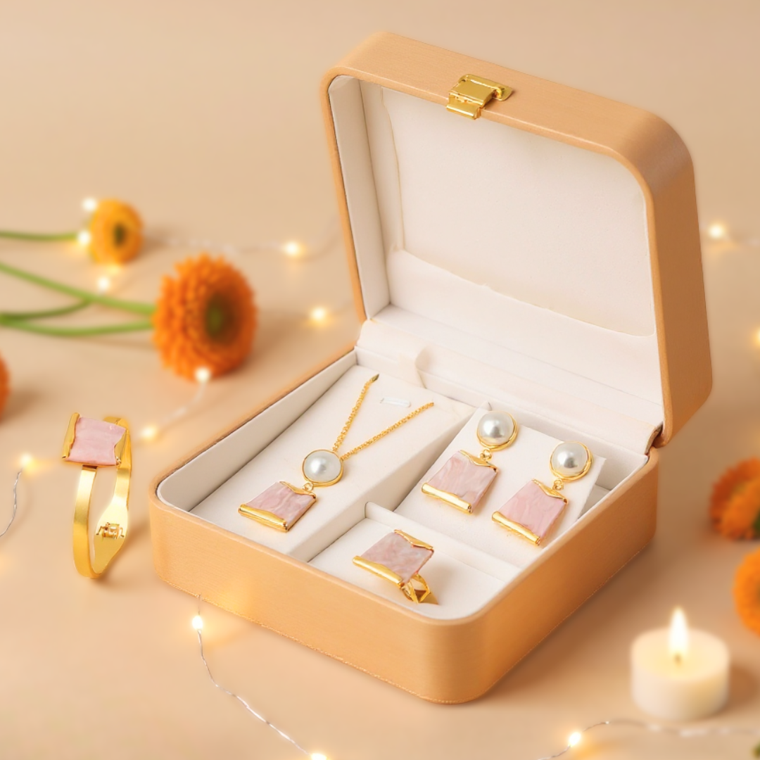 Gold Plated Pink Stone and Pearl Jewelry Set for Women | Luxury Gift Box for Girls – Complete Hamper with Necklace, Earrings, Bracelet and Ring