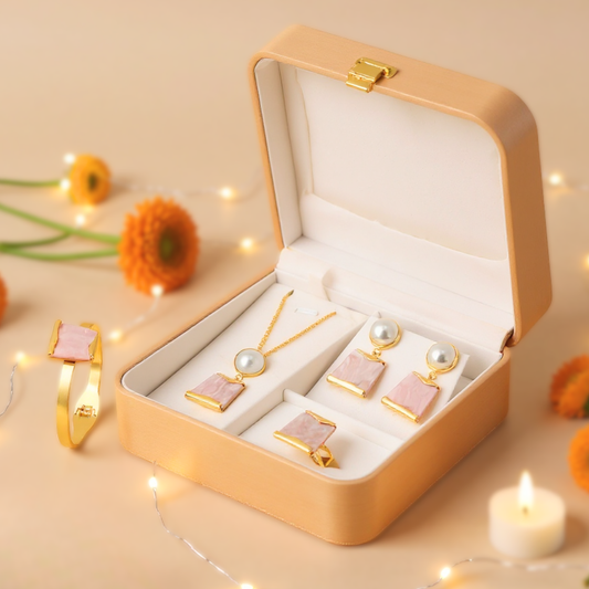 Gold Plated Pink Stone and Pearl Jewelry Set for Women | Luxury Gift Box for Girls – Complete Hamper with Necklace, Earrings, Bracelet and Ring