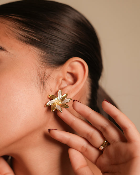Exquisite Gold-Plated Floral Bloom Earrings Featuring Layered White Enamel Petals and Polished Golden Accents for Sophisticated Charm