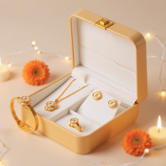 Gold Plated Floral Jewelry Set with Bracelet, Necklace, Earrings and Ring | Beautiful Gift Box for Girls Featuring Necklace, Earrings, Bracelet and Ring – Perfect Hamper for Women’s Gifting