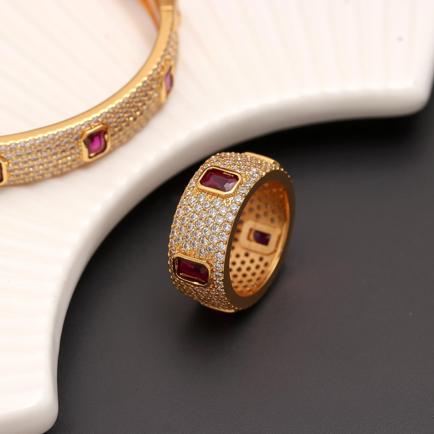 Gold Finish Bracelet and Ring Set with Rectangular Ruby Pink Stones and Diamond Look Detailing | Statement Luxury Jewelry for Weddings and Celebrations