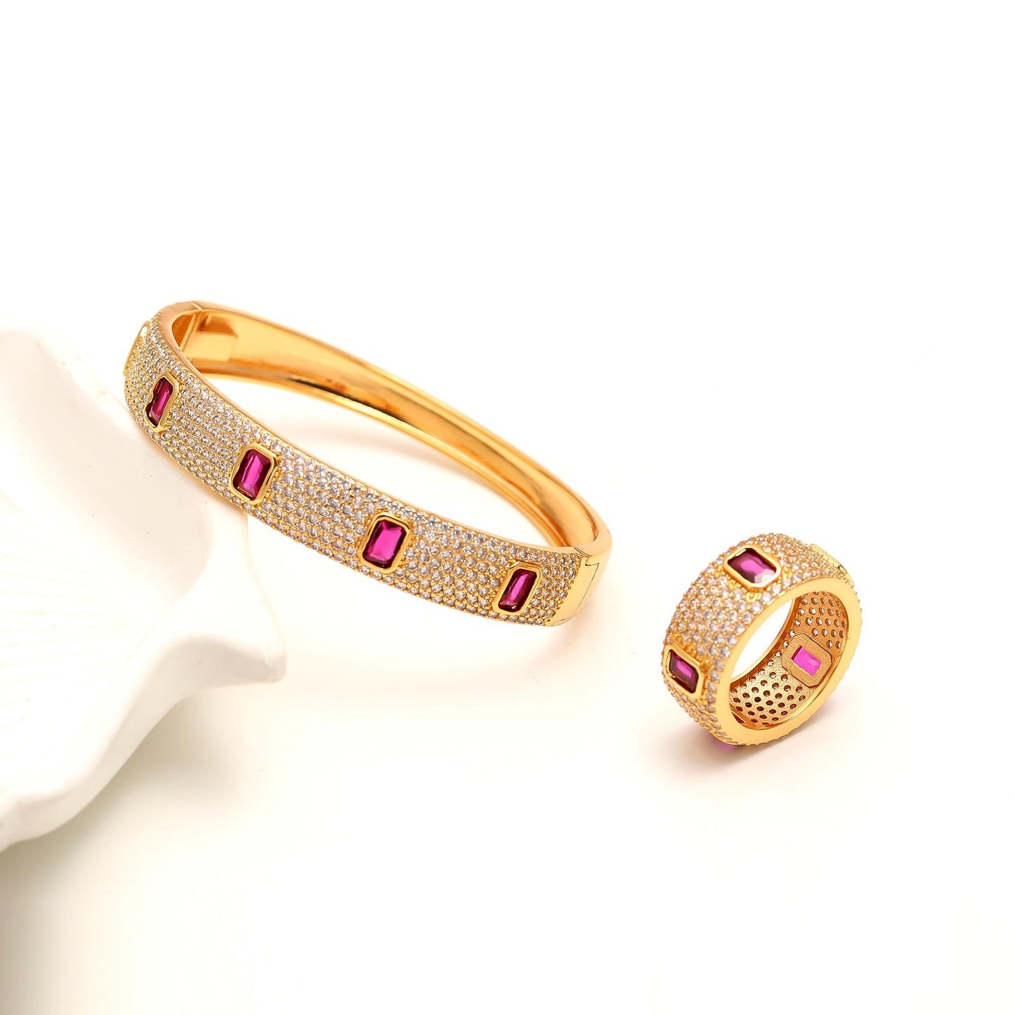 Gold Finish Bracelet and Ring Set with Rectangular Ruby Pink Stones and Diamond Look Detailing | Statement Luxury Jewelry for Weddings and Celebrations
