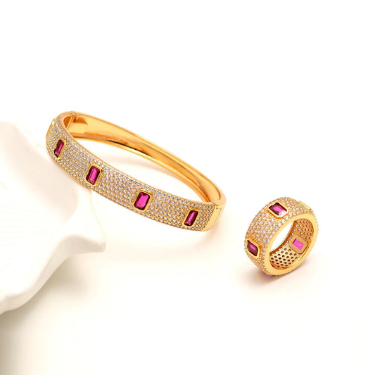 Gold Finish Bracelet and Ring Set with Rectangular Ruby Pink Stones and Diamond Look Detailing | Statement Luxury Jewelry for Weddings and Celebrations