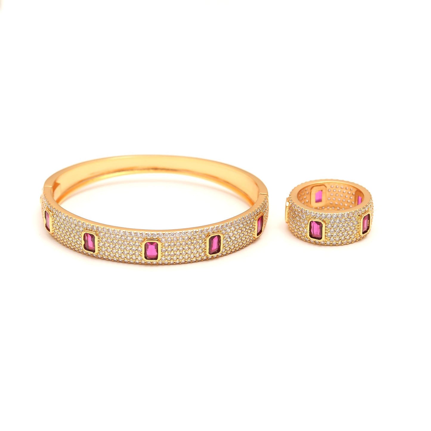 Gold Finish Bracelet and Ring Set with Rectangular Ruby Pink Stones and Diamond Look Detailing | Statement Luxury Jewelry for Weddings and Celebrations