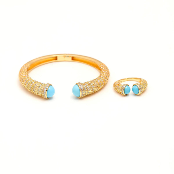 Gold-Tone Openable Bangle and Matching Ring Set with Turquoise Cabochon Tips and Diamond Look Detailing | Luxury Jewelry for Weddings, Festive Wear, and Elegant Occasions