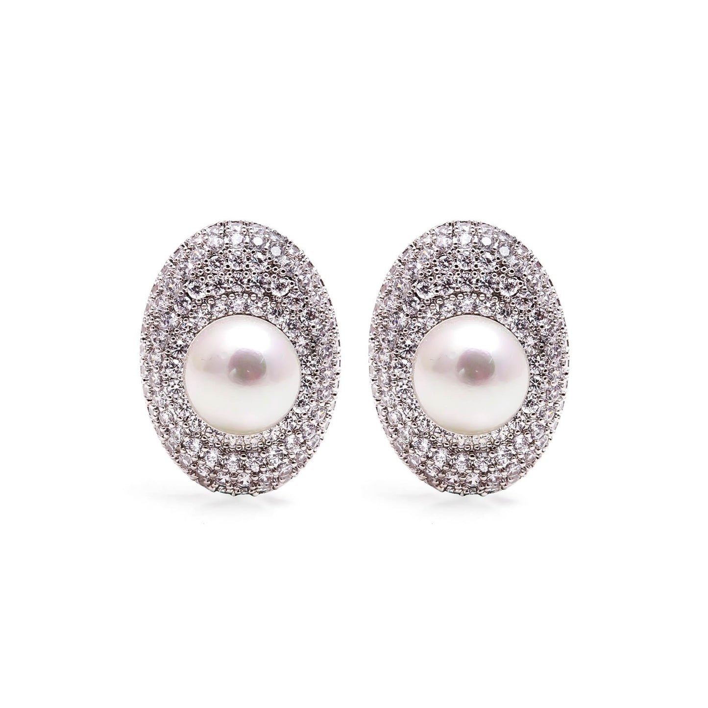 Silver Pavé Halo Pearl Studs