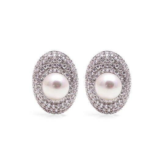 Silver Pavé Halo Pearl Studs