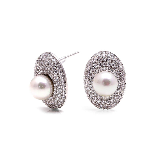 Silver Pavé Halo Pearl Studs