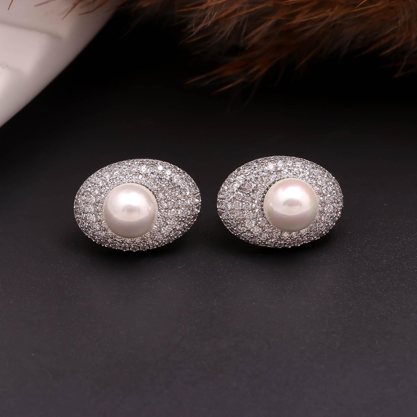 Silver Pavé Halo Pearl Studs