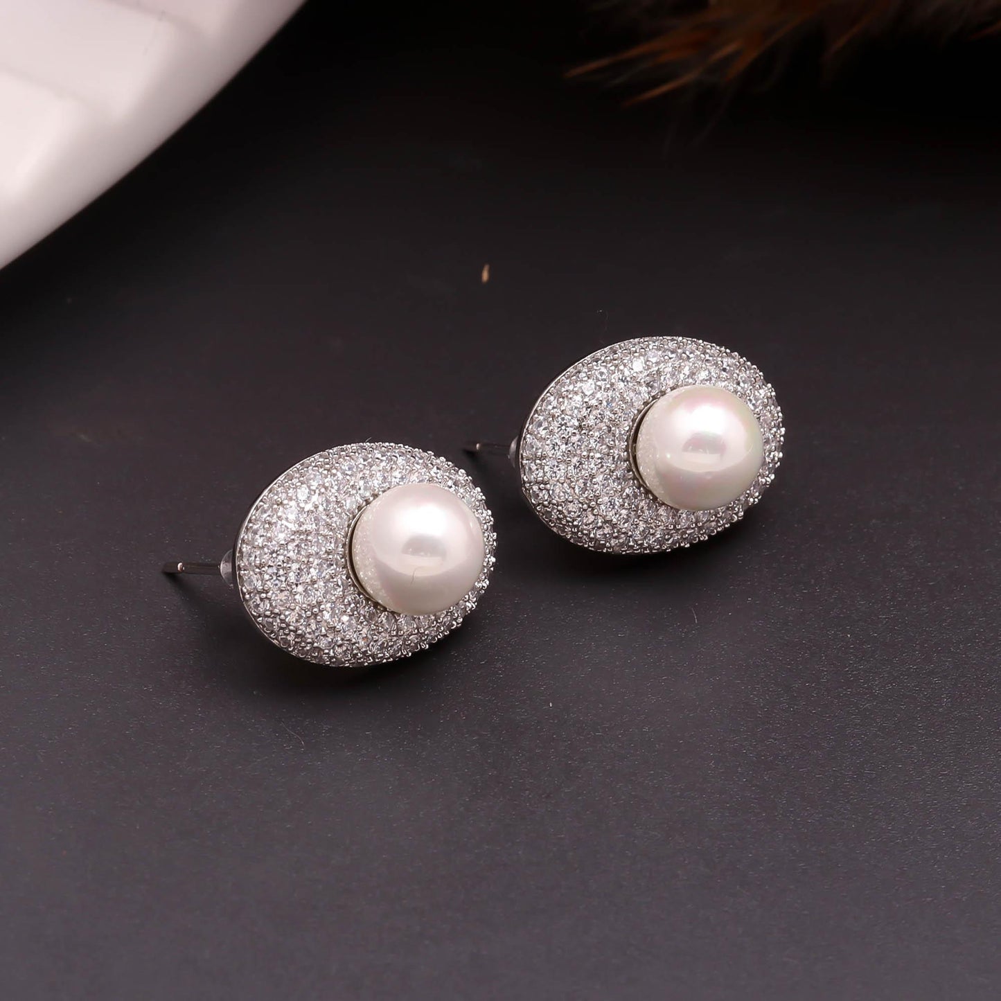 Silver Pavé Halo Pearl Studs