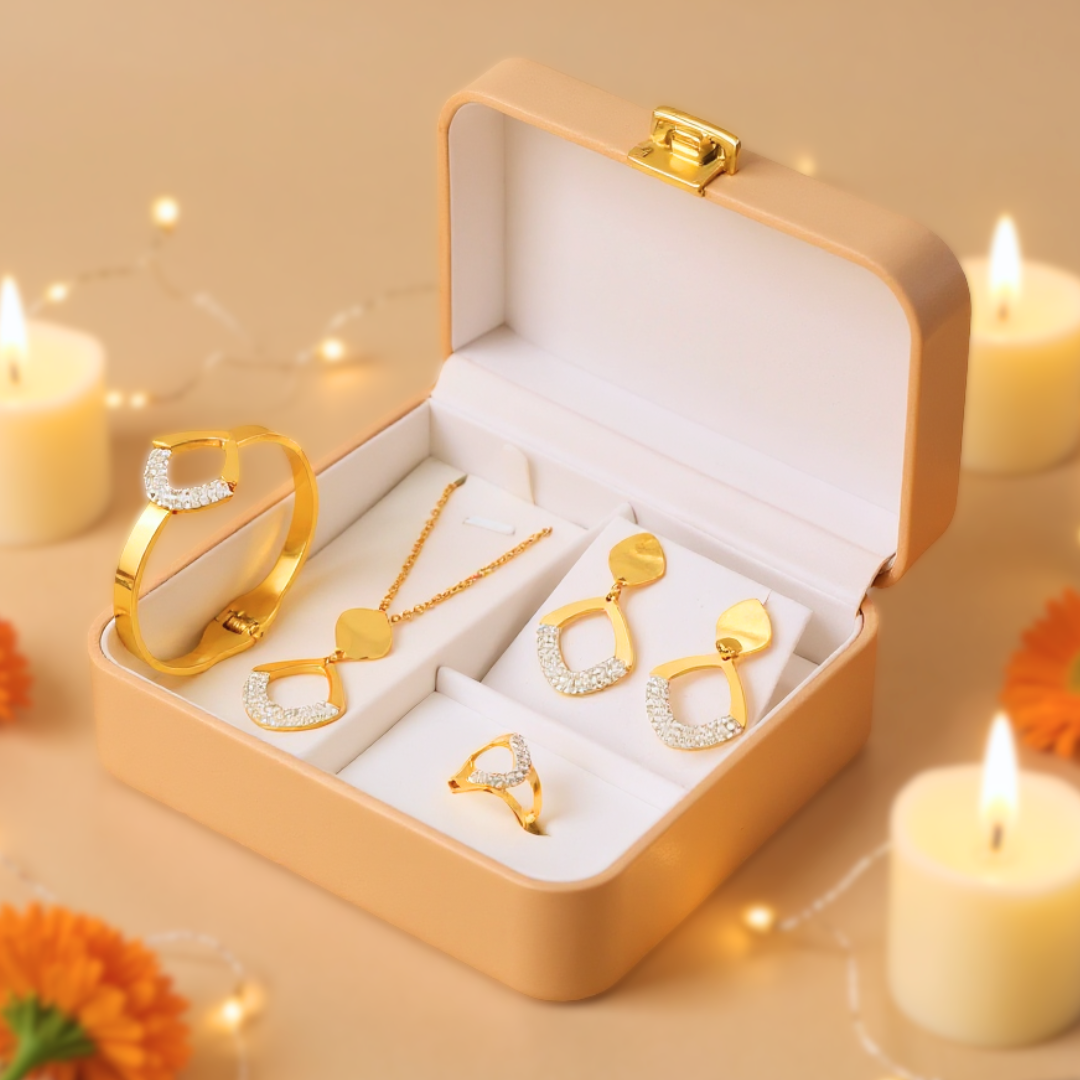 Gold Plated Jewelry Set | Complete Jewelry Combo with Necklace, Earrings, Bracelet and Ring – Gift Box and Traditional Wear