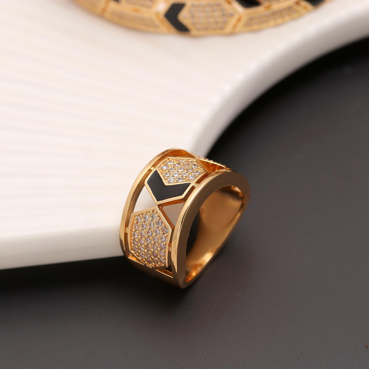 Chevron Chic Bracelet & Ring Set – Gold-Tone Geometric Jewellery with Black Enamel & Pavé CZ Accents | Modern Statement Bracelet & Matching Ring for Contemporary Style