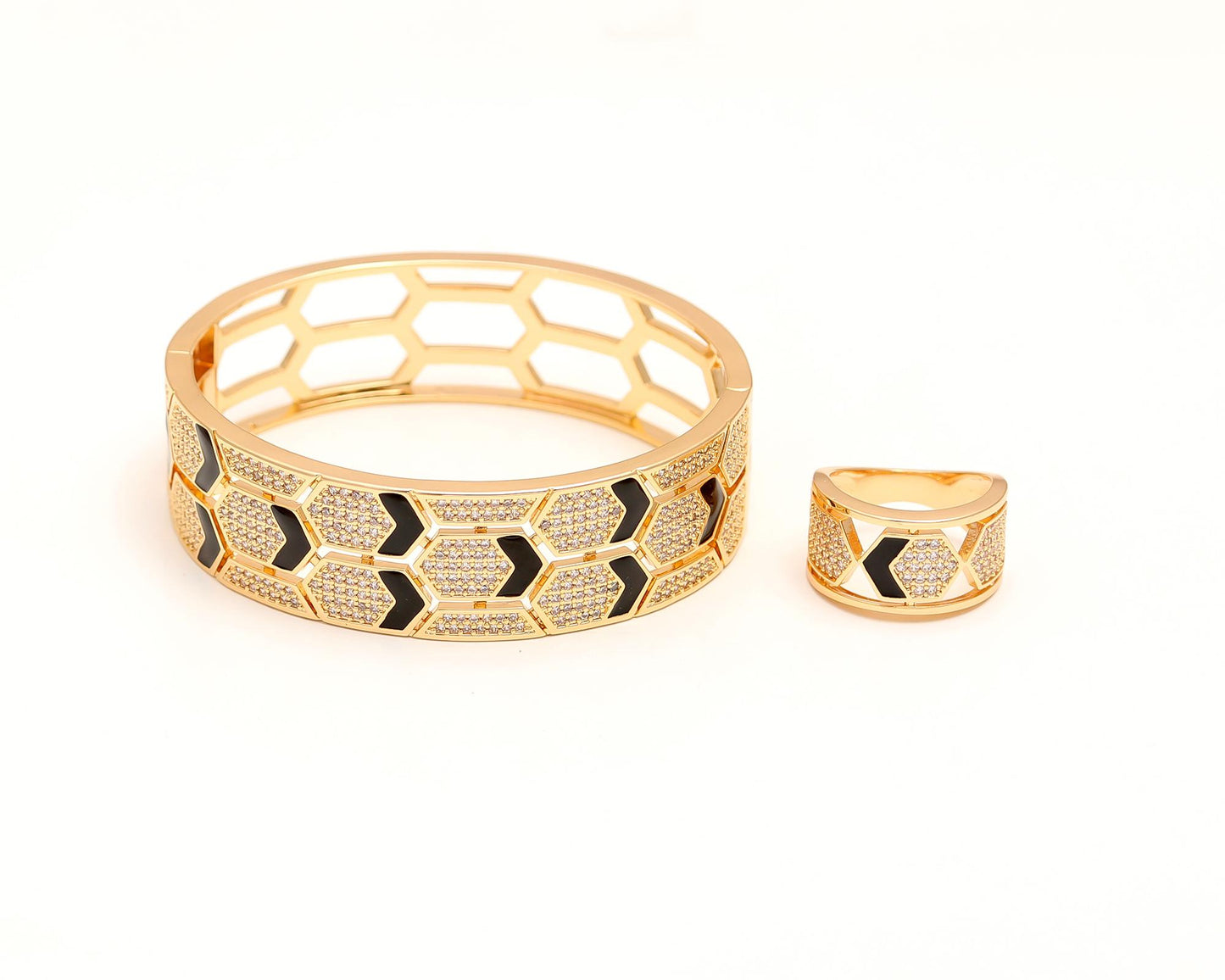 Chevron Chic Bracelet & Ring Set – Gold-Tone Geometric Jewellery with Black Enamel & Pavé CZ Accents | Modern Statement Bracelet & Matching Ring for Contemporary Style