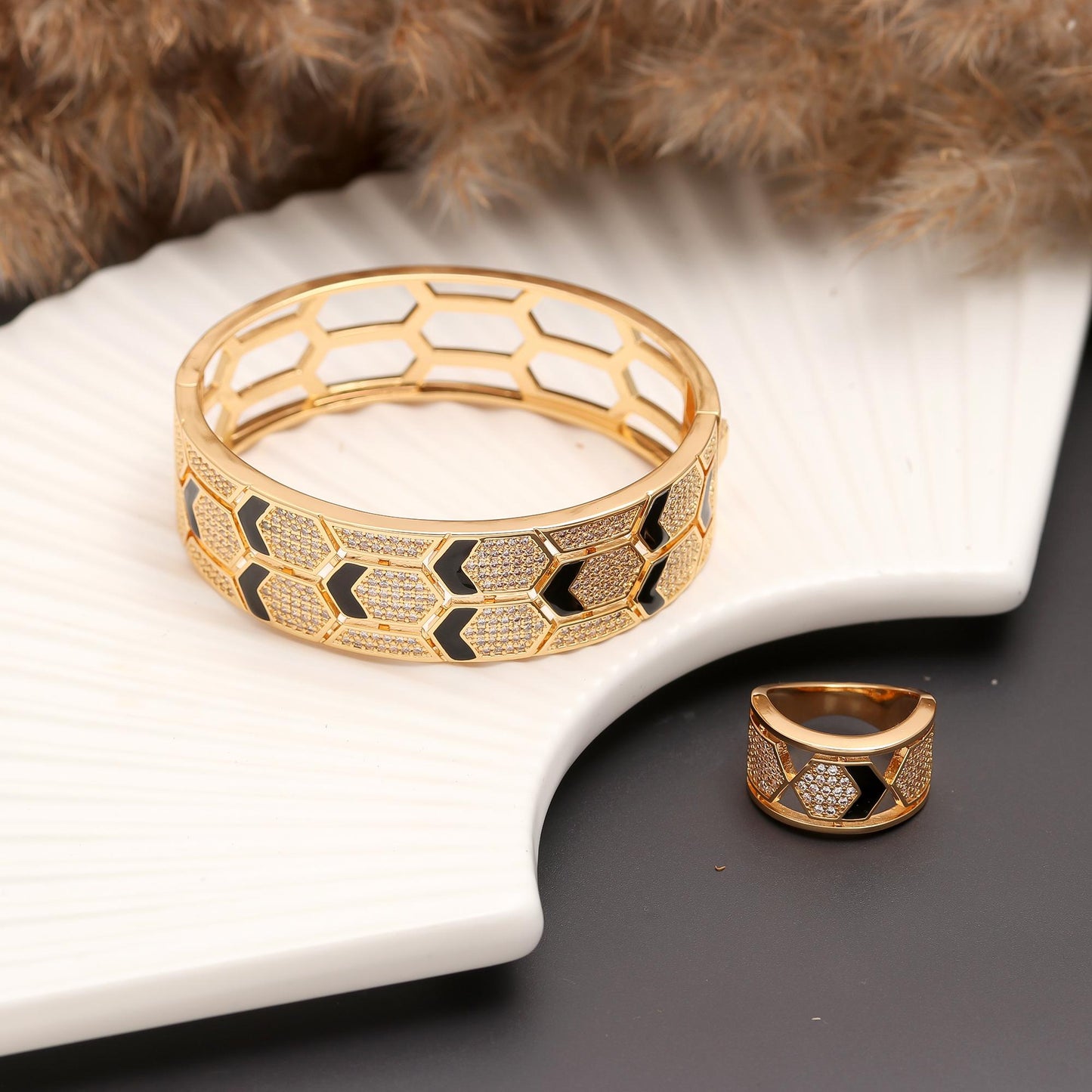 Chevron Chic Bracelet & Ring Set – Gold-Tone Geometric Jewellery with Black Enamel & Pavé CZ Accents | Modern Statement Bracelet & Matching Ring for Contemporary Style