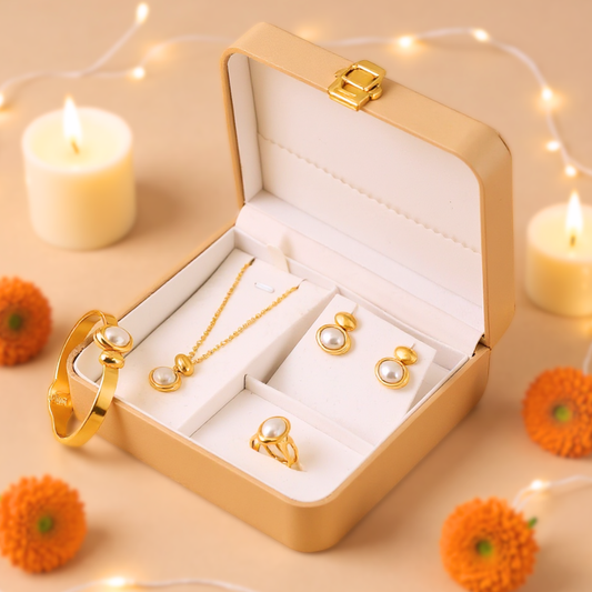 Pearl Jewelry Set with Bracelet, Necklace, Earrings and Ring | Classic White Pearl Design | Complete Jewelry Box for Women