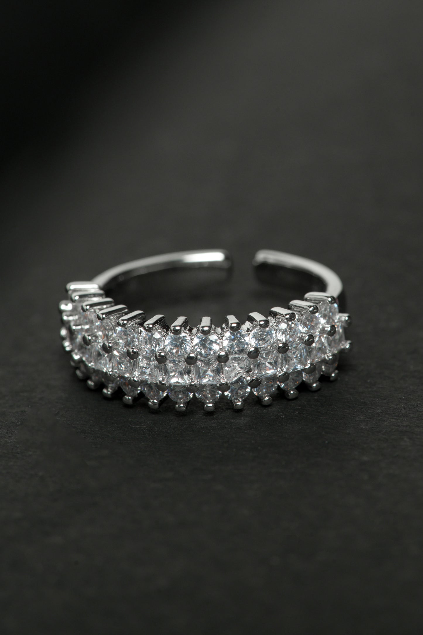 Silver Double-Row Baguette Ring | Adjustable Wide Band with Parallel Baguette-Cut CZ Stones | High-Sparkle Statement Ring for Women