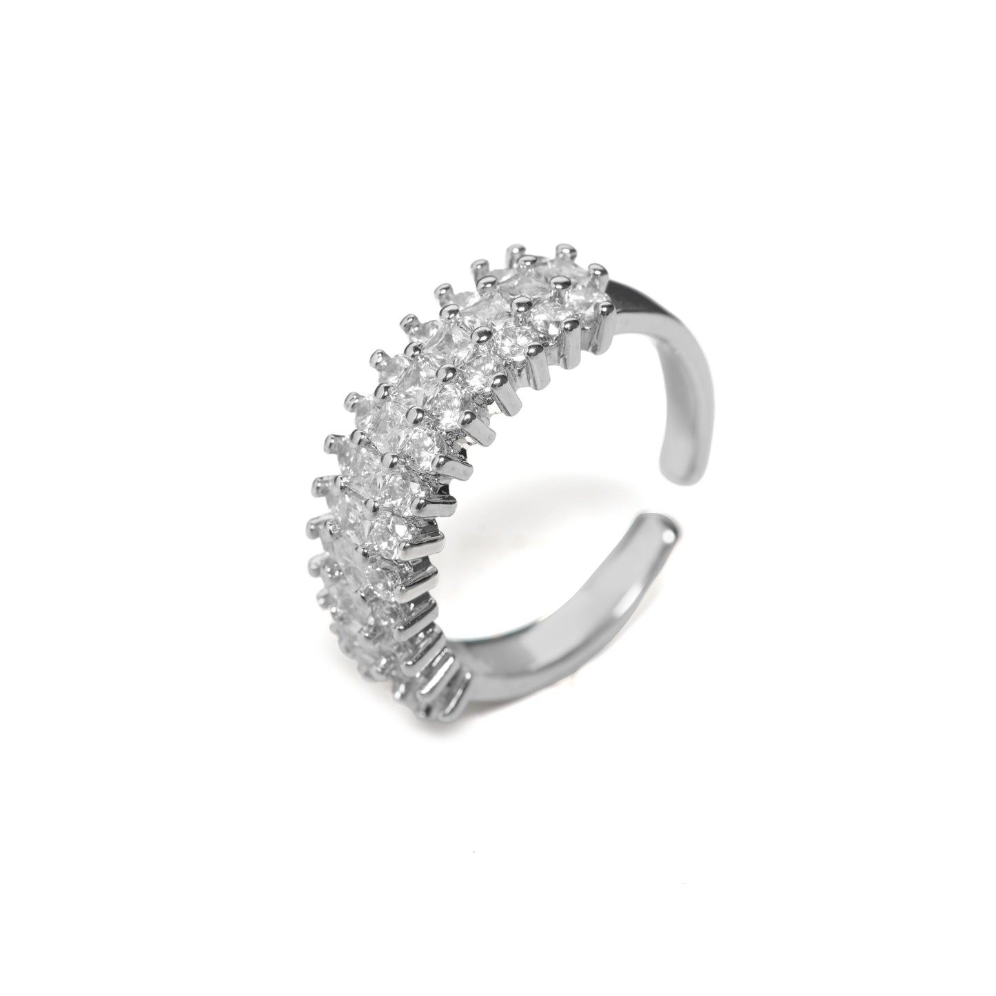 Silver Double-Row Baguette Ring | Adjustable Wide Band with Parallel Baguette-Cut CZ Stones | High-Sparkle Statement Ring for Women