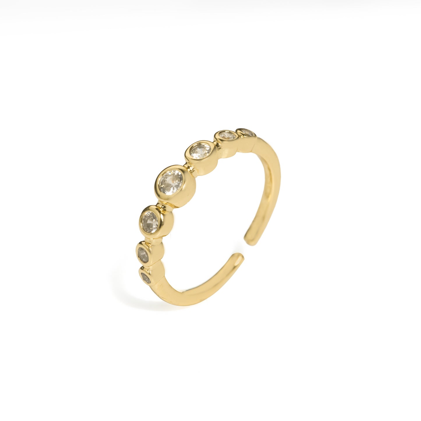 Graduated Bezel-Set Sparkle Ring | Gold-Tone Adjustable Band with Tapered Round CZ Stones in Bezel Settings | Minimal Elegant Everyday Ring