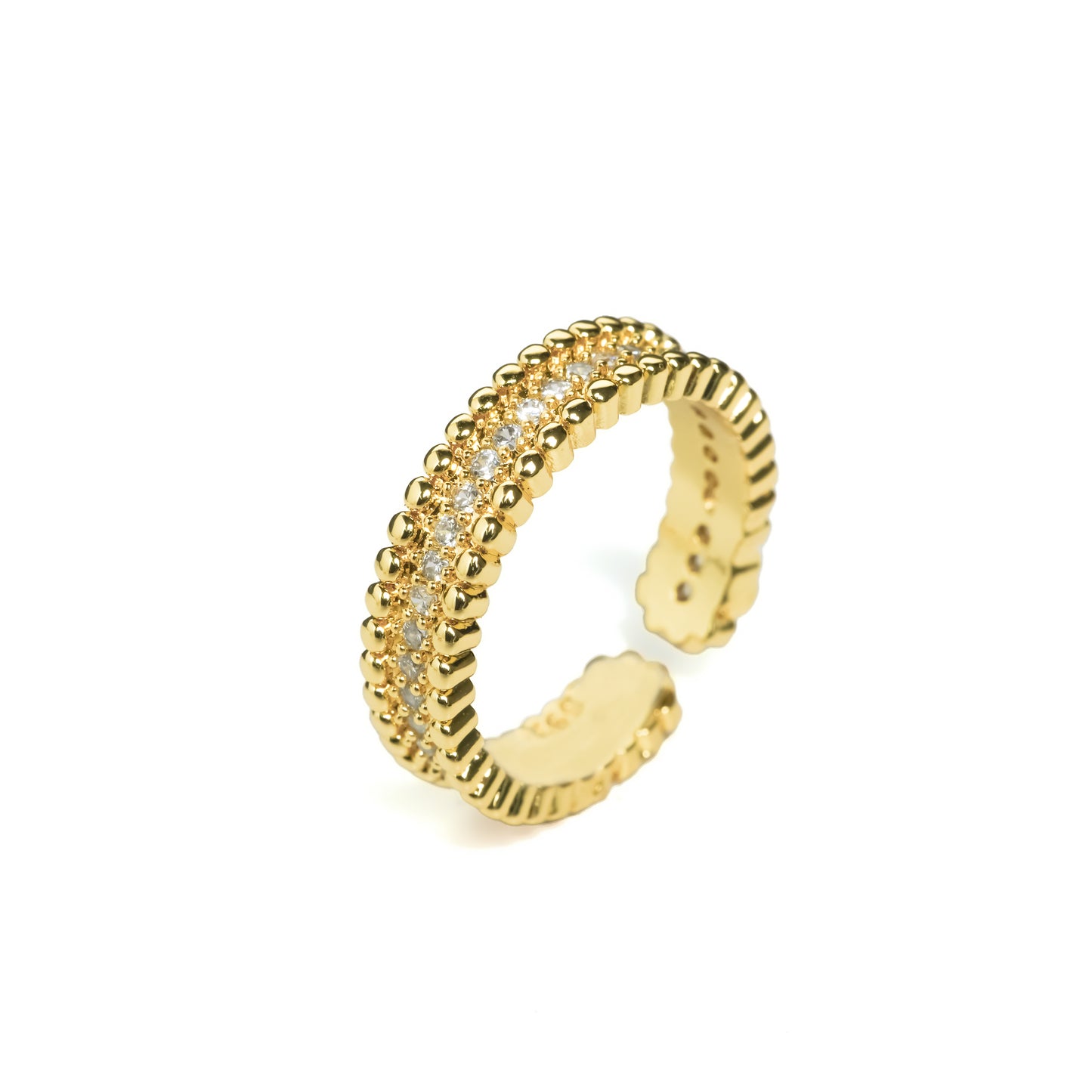 Gold Beaded & Pave Band | Adjustable Gold-Tone Ring with Dual Beaded Edges & Central Pave CZ Row | Elegant Textured Everyday Ring