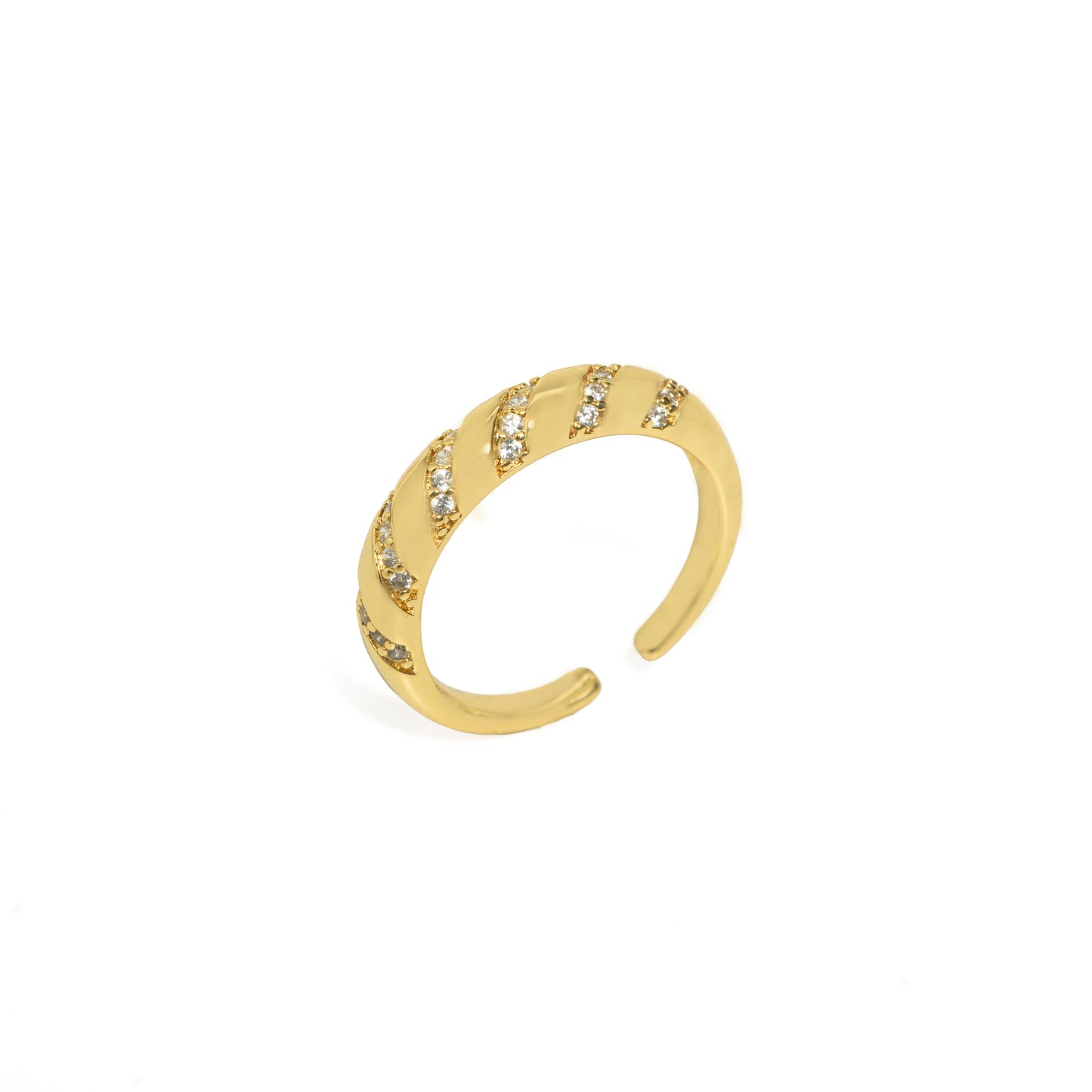 Gold Twisted Pave Band | Adjustable Gold-Tone Ring with Diagonal Twist Design & Clear Pave CZ Rows | Minimal Elegant Everyday Ring