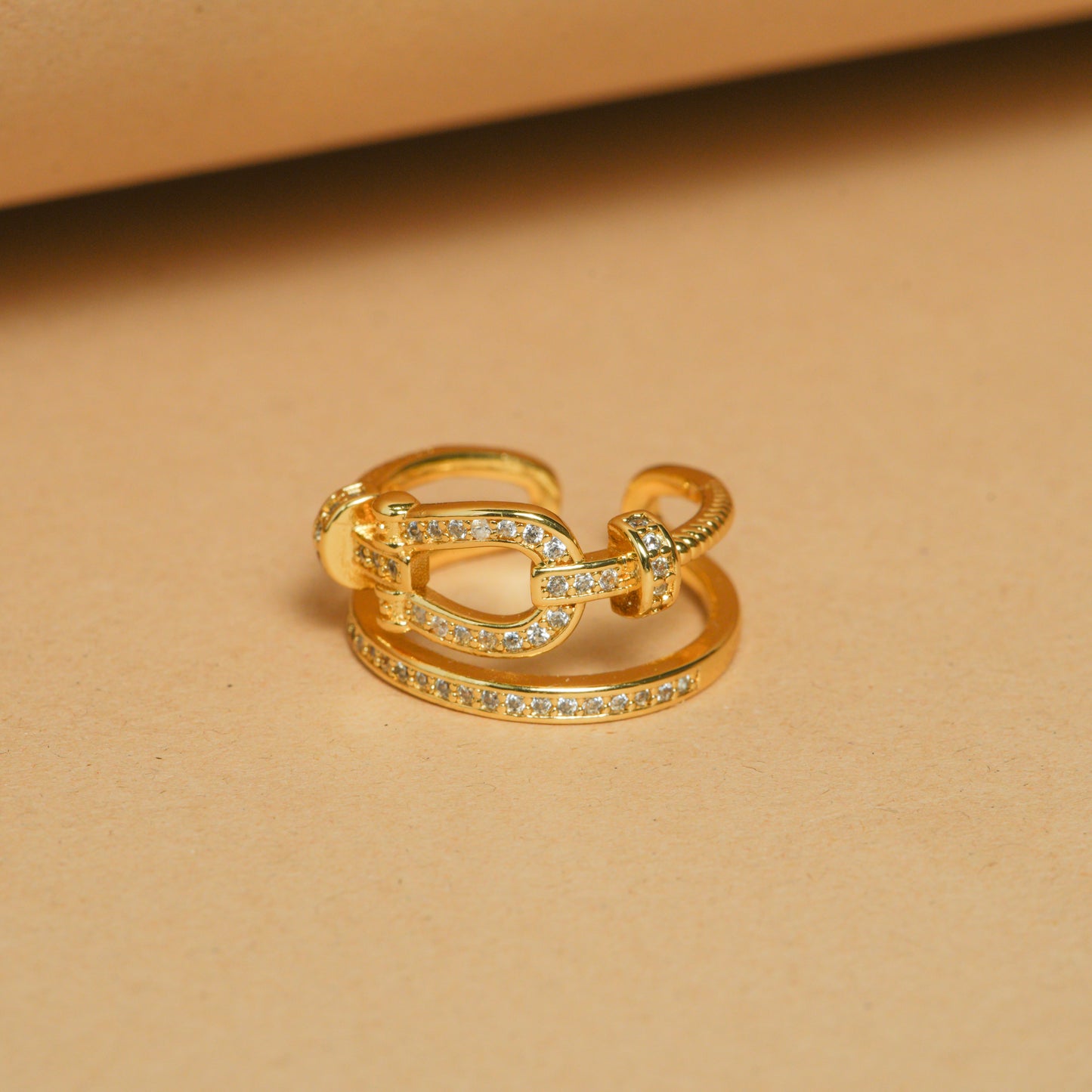 Double Layer Equestrian Buckle Ring | Gold-Tone Layered Ring with Horse-Bit Inspired Buckle Design & Pave CZ Detailing | Chic Statement Fashion Ring