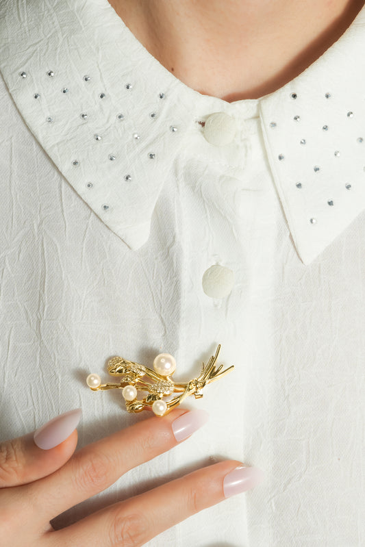 Pearl and Pave Wheat Bouquet Brooch | Gold-Tone Tied Sheaf Pin with Imitation Pearls and CZ Accented Leaves | Elegant Festive & Wedding Brooch