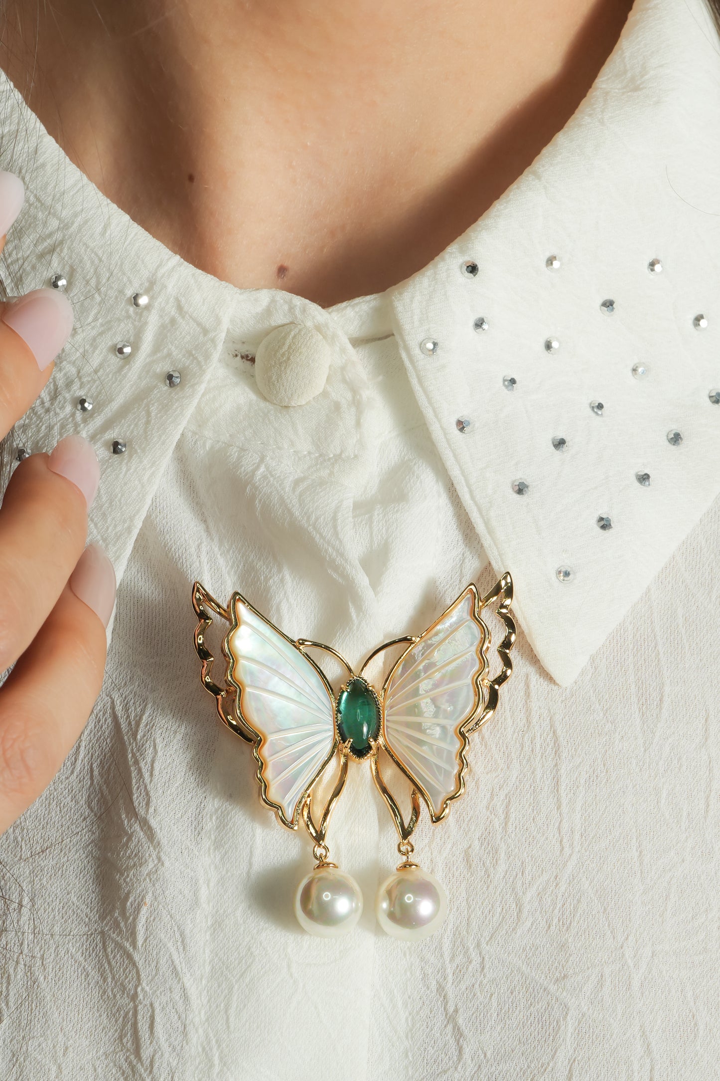 Mother-of-Pearl Butterfly Dangler Brooch | Gold-Tone Enamel Wing Brooch with Green Oval Stone Body & Dual Pearl Danglers | Elegant Saree & Shawl Pin