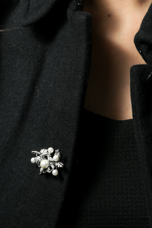 Pearl and Pave Floral Spray Brooch | Silver Tone Bouquet Brooch with CZ Encrusted Leaves and Five Imitation Pearls | Elegant Vintage Inspired Statement Pin